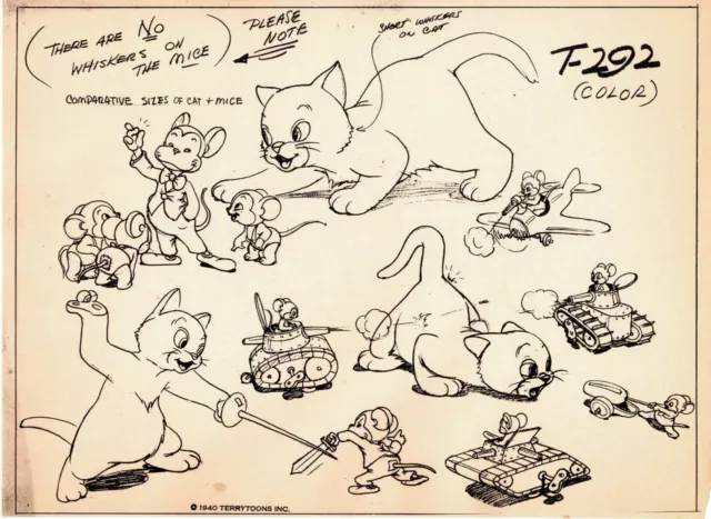 Terrytoons Production Animation Print Model Sheet 1941 Cat Mouse Uncle Joey