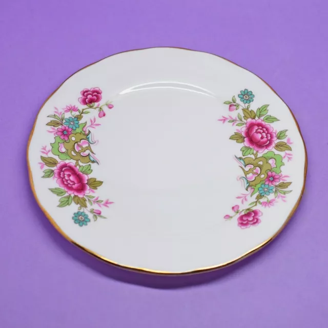 Queen Anne Pink Flowers & Green Patterns Tea Trio, Cup, Saucer, Plate, Vintage 3