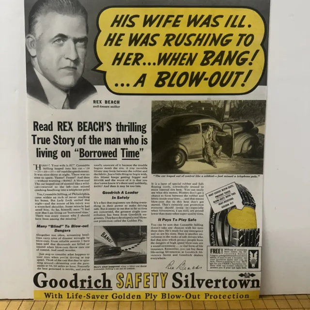 Vintage 1937 Goodrich Tire Ad Safety Silvertown Blow Out Rex Beach 12x9.5”