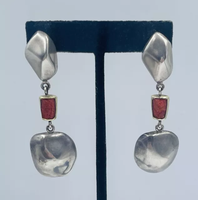 Vintage Navajo Signé Argent Sterling & 18k Or Corail Pendantes Oreilles