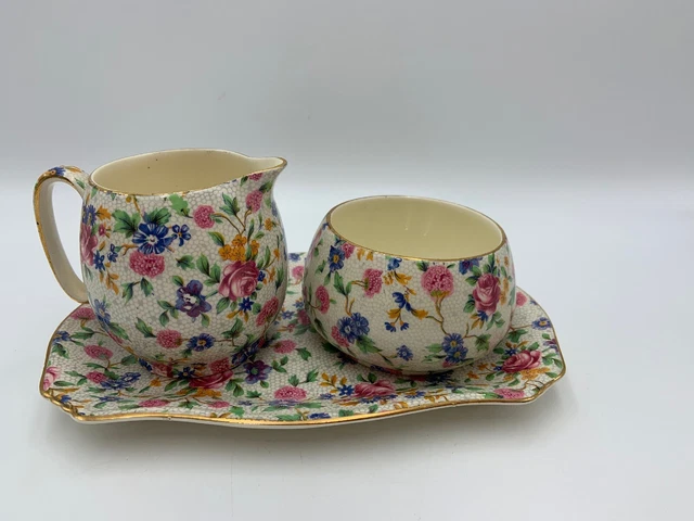 Royal Winton Grimwades OLD COTTAGE CHINTZ Sugar Bowl Creamer Tray Vintage