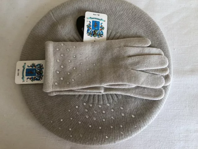 NWT PORTOLANO 100% Cashmere Grayish Beret and Gloves With Crystals set One Size