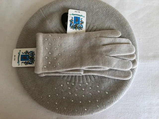 NWT PORTOLANO 100% Cashmere Ivory Beret and Gloves With Crystals set One Size