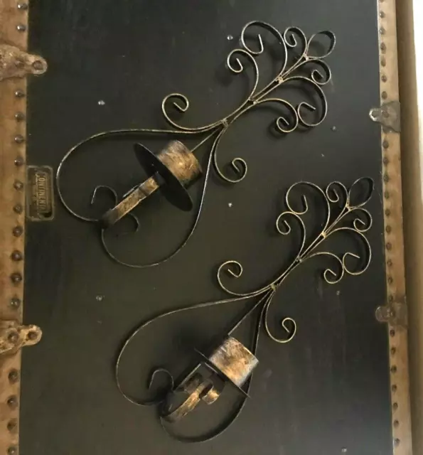 Pair Black / Gold Scrolled Iron Wall Sconce Candle Holder Home Decor