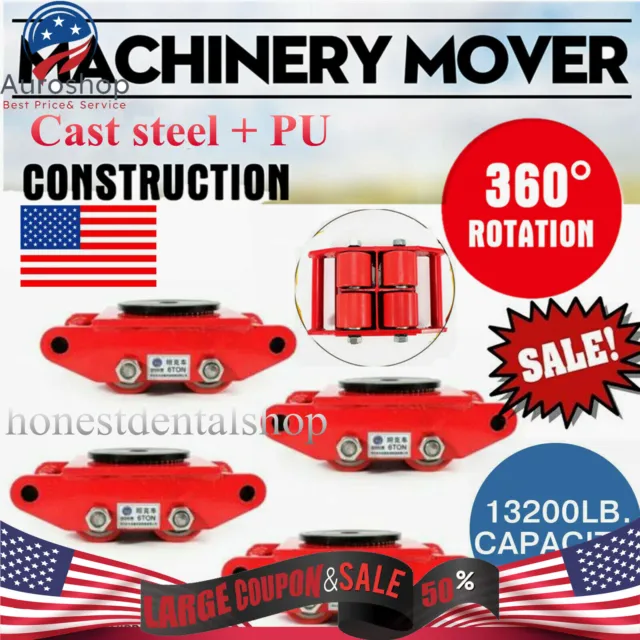 4X 6T Machine Dolly Skate Machinery Roller Mover Cargo Trolley w/360° Swivel Top