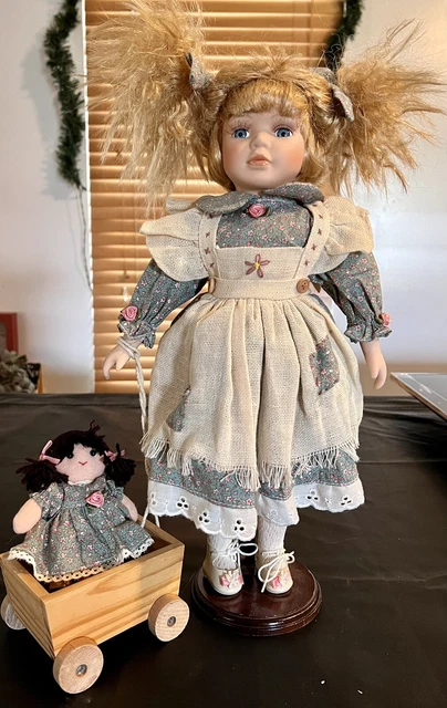 Heritage Signature Collection Porcelain Doll Kaylee,Wood Wagon, Baby Doll, Stand