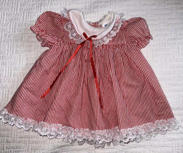 VTG Sears Dress Baby Girl Infant Newborn Red White USA Smocked Ruffled CHRISTMAS