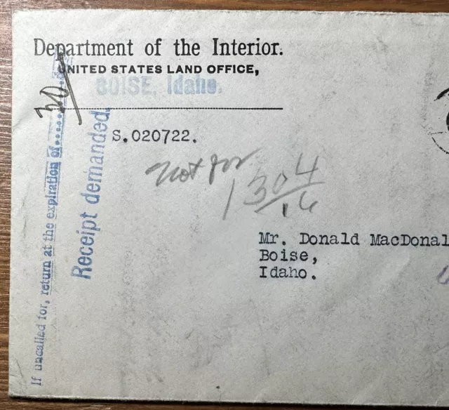 1917 US Dept Of Interior Land Office Penalty Cover Boise Idaho Registered Mail 2