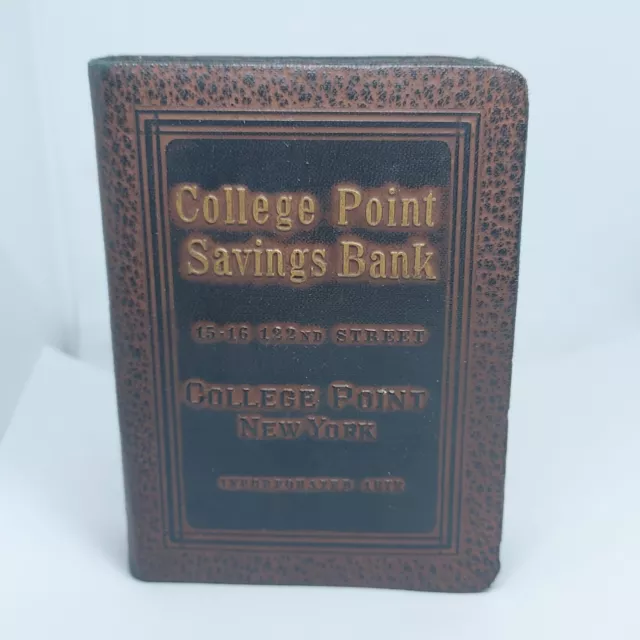 VINTAGE College Point Savings Bank Leather/Metal BANK BOX / BOOK OF THRIFT 1923