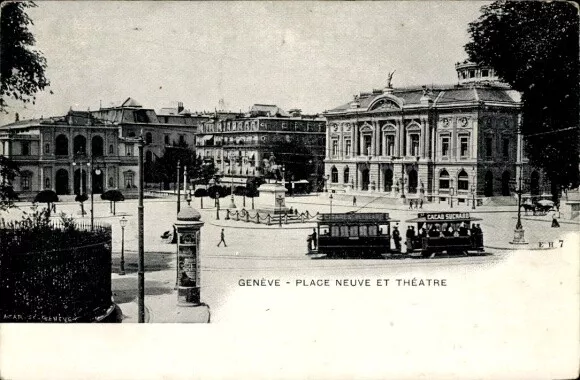 Ak Genève Genf Stadt, Place Neuve et Theatre, Straßenbahn - 4285003