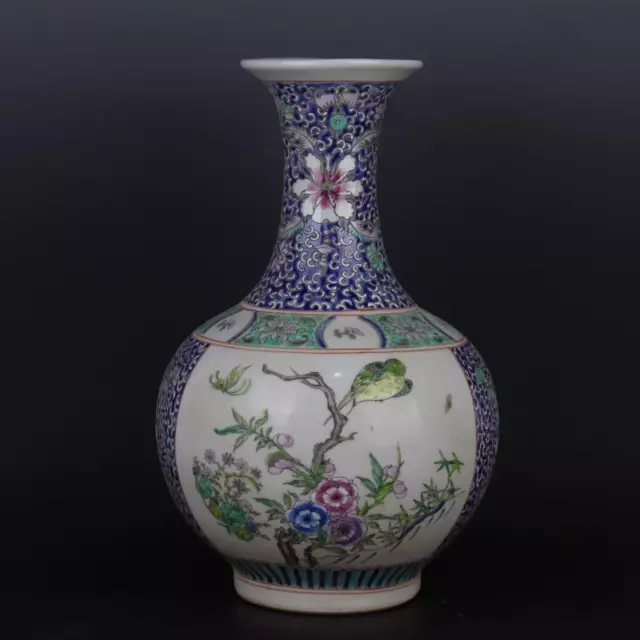 Chinese Porcelain Qing Dynasty Kangxi Famille Rose Flowers and Birds Vase 14.96"