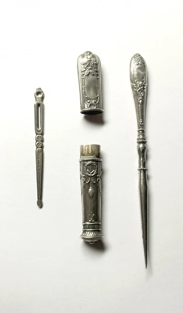 Étui à Aiguille En Argent Massif - Longueur 9.8 Cm, Vintage, Occasion