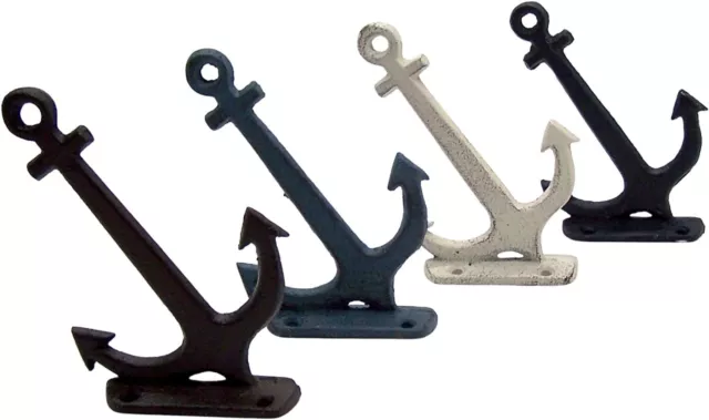 Set of 4, Rustic Cast Iron Angled Anchor Wall Hooks, Assorted Colors