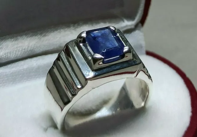 Natural 3 Carat Emerald Cut Blue Sapphire Sterling Silver 925 Handmade Mens Ring