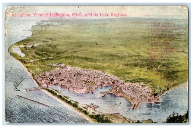c1910's Aeroplanes View Of Ludington Michigan Lake Regions Ludington MI Postcard