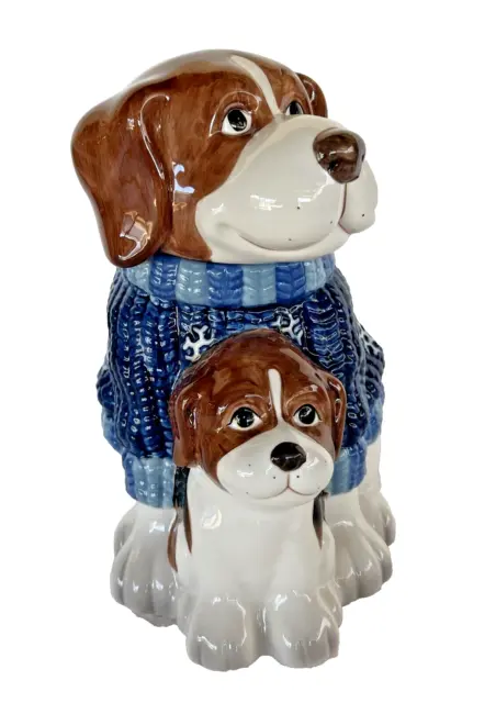 Mercuries Beagle Dog in Blue Knit Sweater With Puppy Ceramic Cookie Jar - Used