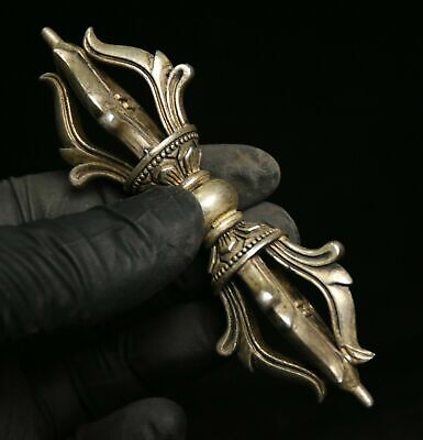 3.6" Old Tibet Buddhism Silver Hand Carving Phurba Dagger Holder Pendant Amulet