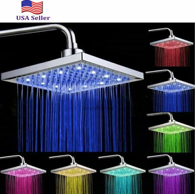 NEW Colorful LED Square 8Inch Rainfall Shower Head Sprayer 7 Colors Changing US~