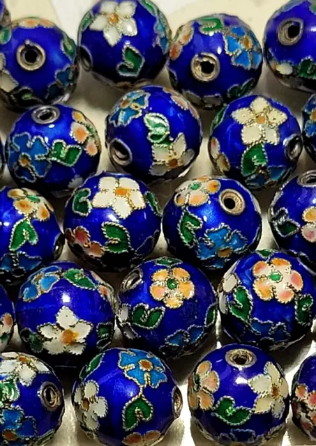 Set of 8 Floral Cloisonne Blue Enamel on Copper 10 mm Round Handmade Beads-China