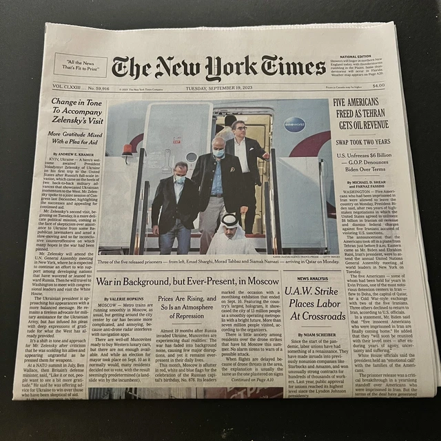 THE NEW YORK Times Newspaper September 19 2023 5 Americans Freed Swap