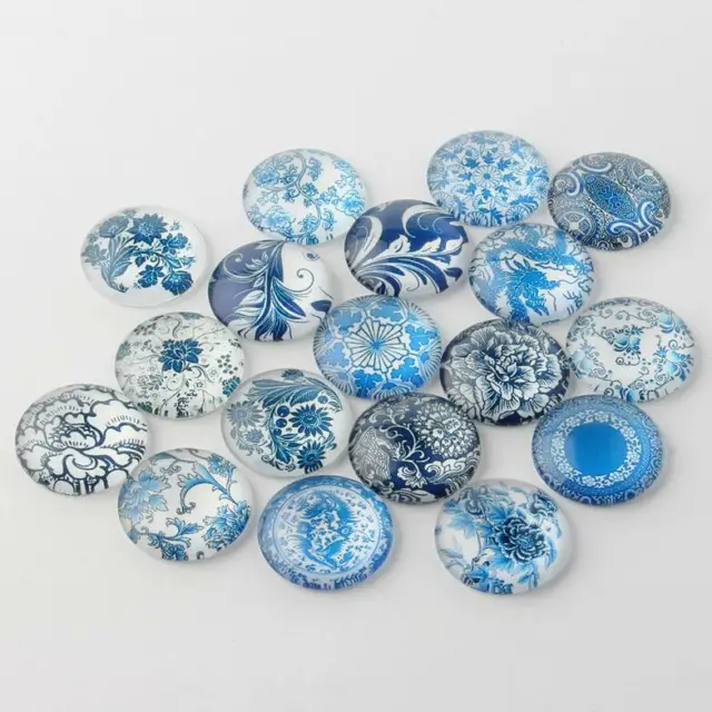 15 Stck. Blumenmuster & gemischt bedruckte Glascabochons, halbrunde/Kuppel blau weiß 12 mm