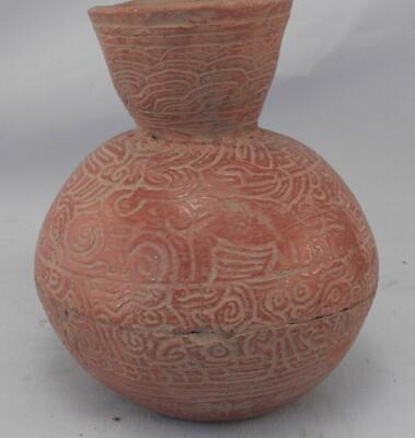 Antique Mayan Pre Columbian Pottery~Incised Red Vessel~Image of An Elephant!