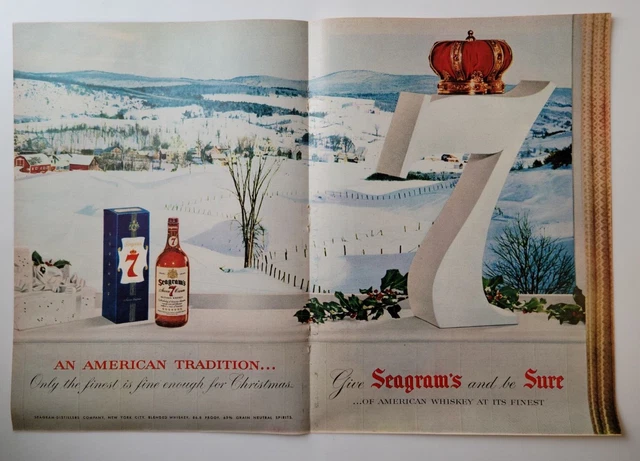 Seagrams 7 Whiskey Holidays Christmas 2-Page Original 1955 Ad Time ~16x11"