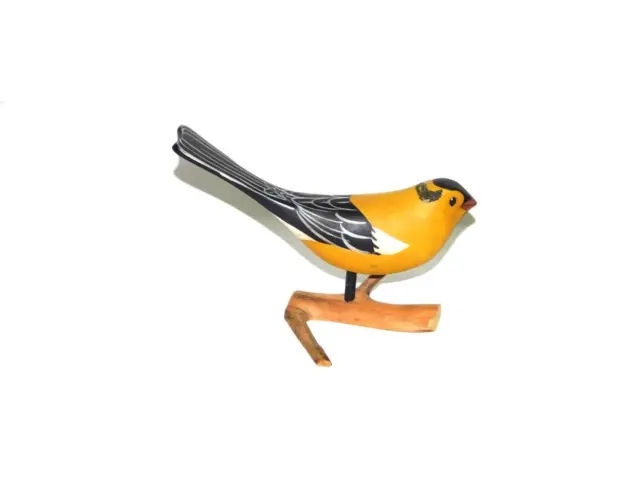 American Goldfinch Bird Wood Carving Signed Drolo 1992 Yellow Black Bird Carved