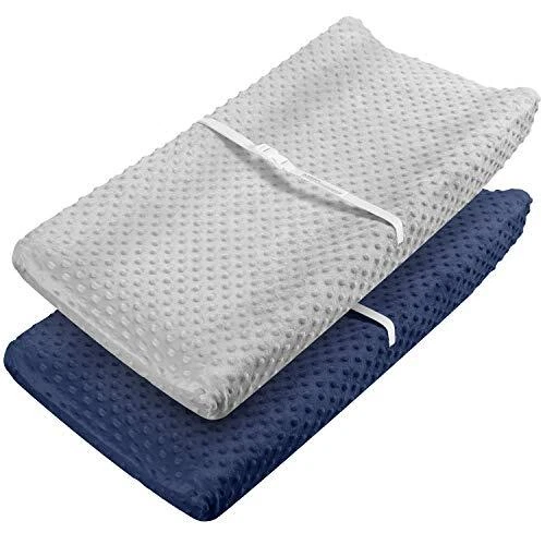 Changing Pad Cover -  Ultra Soft Minky Dots Plush Changing Lt Grey & Navy Blue