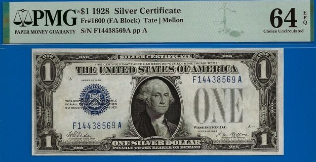 1928 $1 SILVER CERTIFICATE PMG 64EPQ popular wanted funny back FA block Fr 1600