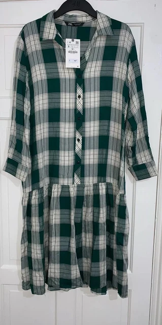 ZARA GREEN CHECK Print Midi Pleated Shirt Dress Oversized Flowing