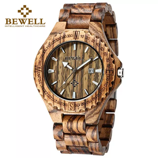 Bewell Wood Watches Mens Wooden Watch Analog Date Display Bracelet Quartz Watch