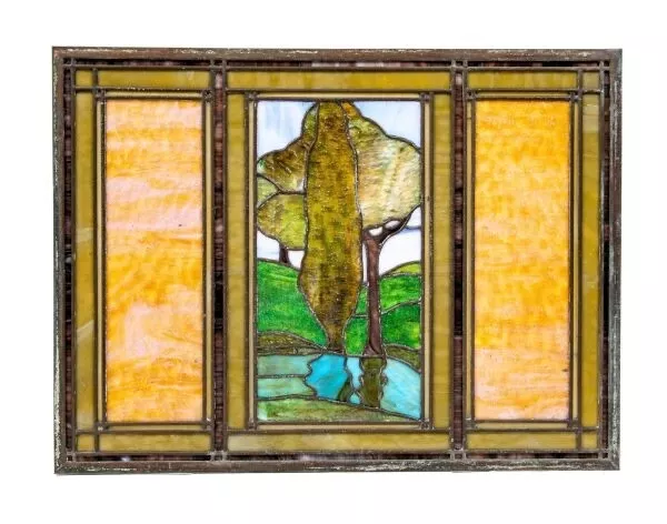Impressive Early 20th Century Salvaged Chicago Stained Glass Pastoral Window.
