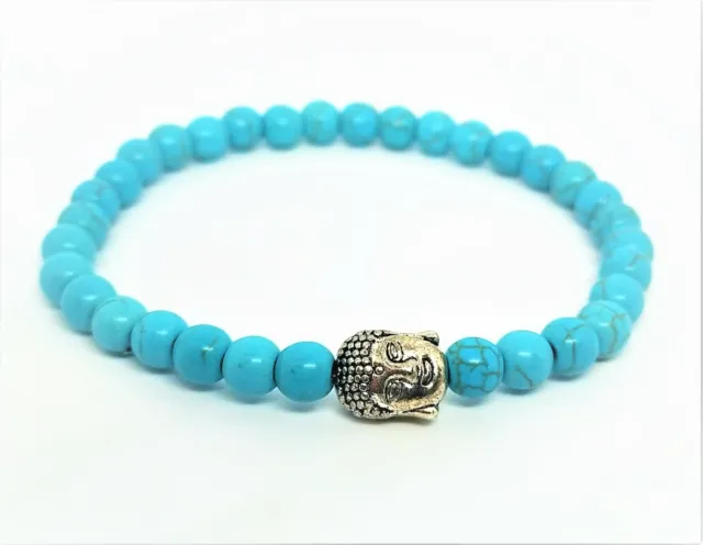 Bracelet perles de Howlite turquoise 6mm bouddha argenté : Apaisement, sommeil