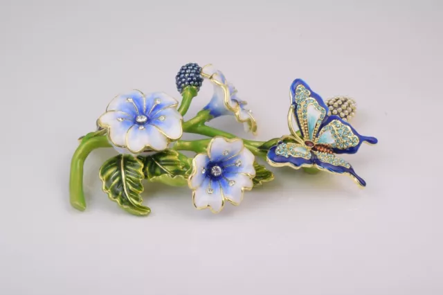 Butterfly on Flowers Trinket Box Hand made by Keren Kopal with Austrian Crystals