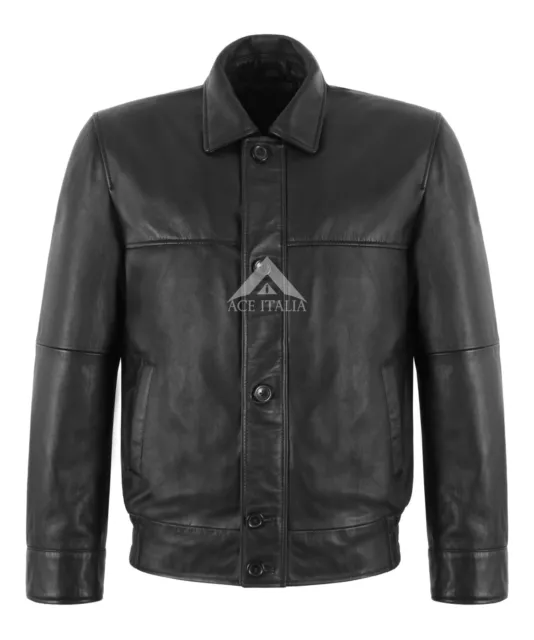Herren Bomber Echtlederjacke schwarz klassischer Kragen Bluse Retro Style Jacke
