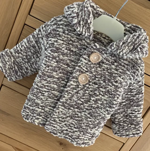 Hand Knitted Baby Coat Hood Newborn 0-3 Months Mach/Wash Gift Teddy Lux Unisex