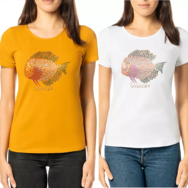 T- shirt donna mezza manica Braccialini senape bianca M L XL pesce tropicale