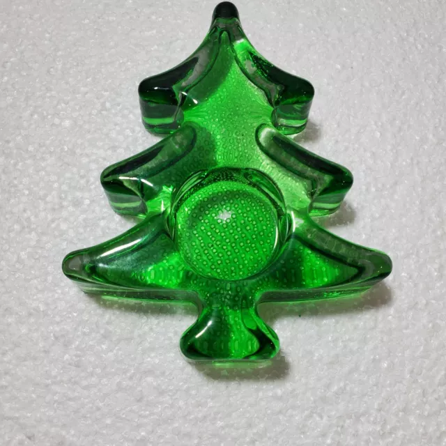 Vintage Heavy Glass Christmas Tree Tealight Candle Holder 4" Green Decorative