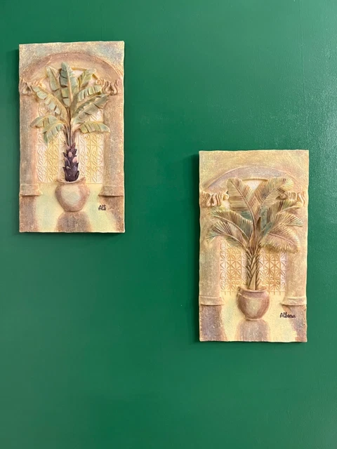 Set Of 2 Potted Royal Palm Tree Wall Plaques 3D Vintage Tropical Wall Decor