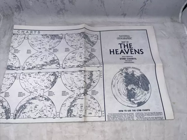 National Geographic August 1970 Map The Heavens w/ Monthly Star Chart 2 Hemisphe