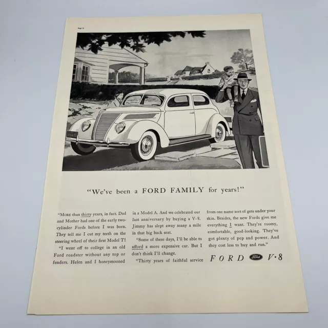 Ford V-8 Vintage 1937 Print Ad 10x14" a family and a Ford V-8 illustration