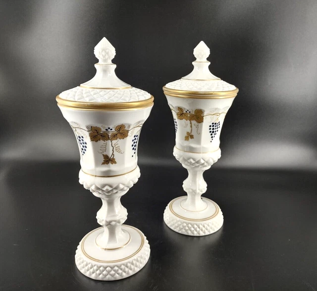 Vintage Westmoreland Milk Glass English Hobnail Sawtooth Urn Grape Clusters Pair