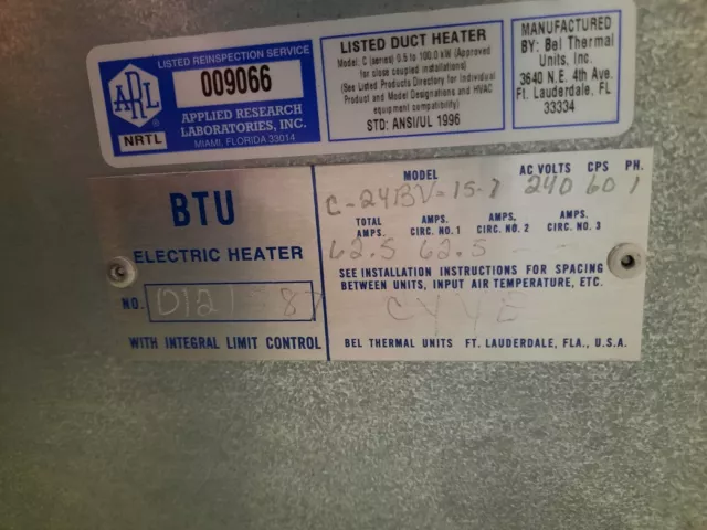 Btu 15Kw-240V-1Ph-2Stage Electric Heater- For Icp   C-36Bh To C-60Bh Units  Br2