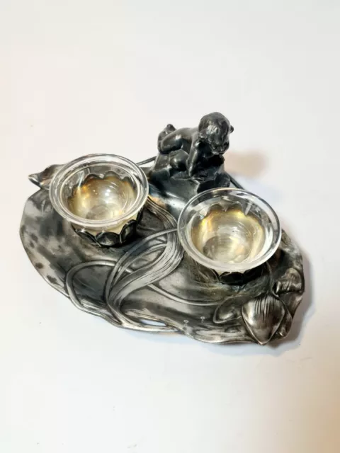 Exquisite Art Nouveau Pewter Salt Cellar Dish with Glass Inserts 3