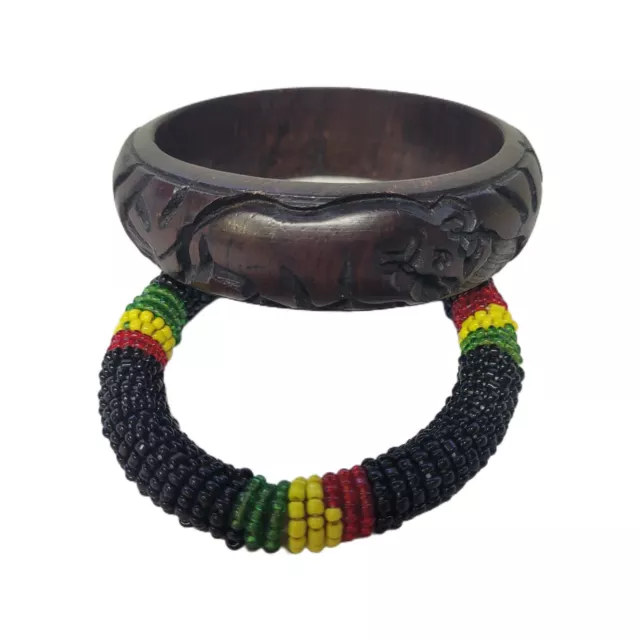 2 Vintage Hand Carved African Rhino Wood Bangle & Beaded Bracelet Lot 2