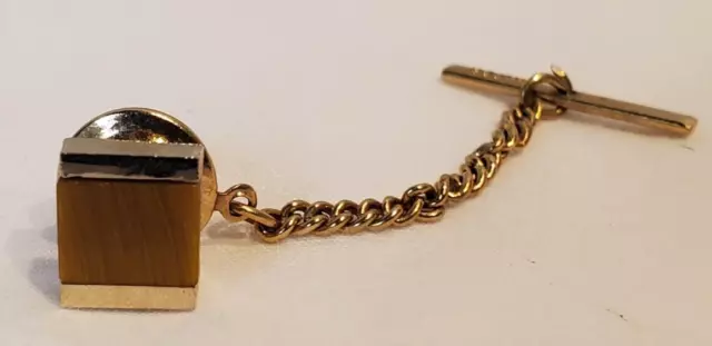 Vintage Dante Tigers Eye Square Gold Tone Tie Tack Pin with Chain and Bar