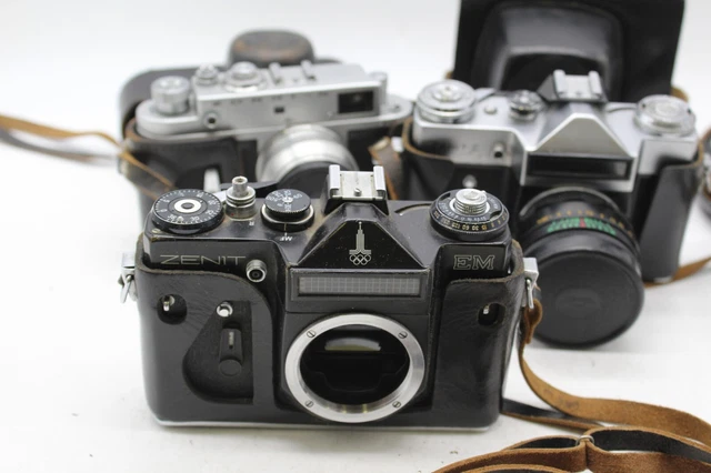 C x3 Vintage USSR KMZ Cased Film Cameras Inc. Zenit-E, Zorki-4 etc