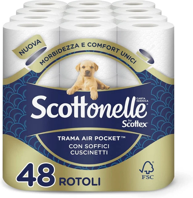 Carta Igienica Soffice E Trapuntata, Confezione Da 48 Rotoli Scottonelle Scottex
