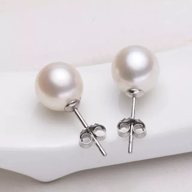 925 Sterling Silver Classic Genuine Freshwater Pearl Stud Earrings 8mm-10mm Gift